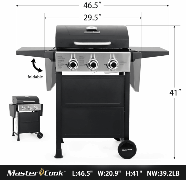 3 Burner BBQ Propane Gas Grill, Stainless Steel 30,000 BTU Patio Garden Barbecue Grill with Two Foldable Shelves - Image 3