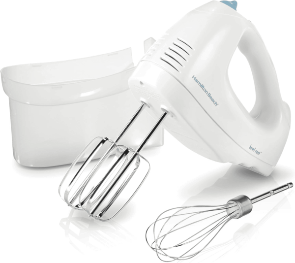 6-Speed Electric Hand Mixer with Whisk, Traditional Beaters, Snap-On Storage Case, 250 Watts, White