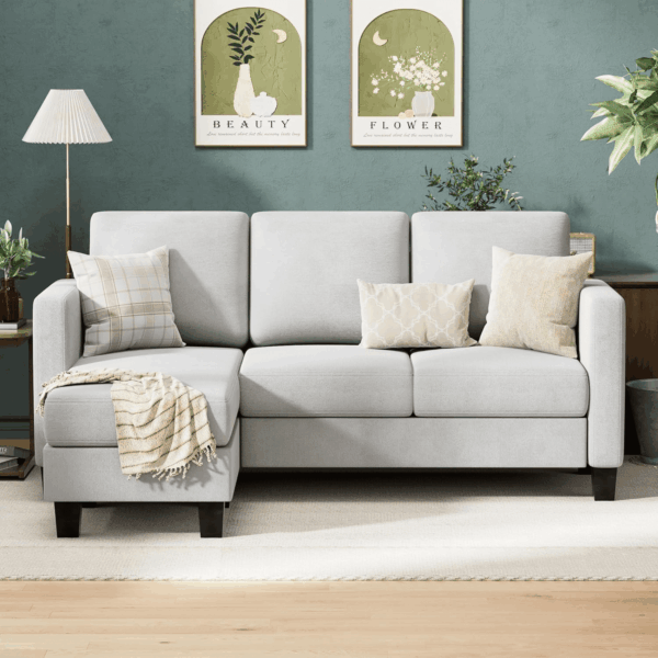 Convertible Sectional Sofa Couch, 3 Seat L-Shaped Sofa with Linen Fabric Ottoman Small Couch for Small Apartments, Living Room and Office (Linen Fabric, Light Gray) - Image 4