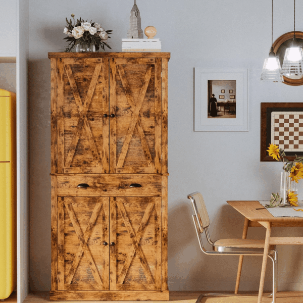 Kitchen Pantry Storage Cabinet 72.6" H, with Barn Doors, Drawer, 4 Adjustable Shelves, Freestanding Cupboard for Dining Room Living Room, Laundry, Vintage Brown - Image 9