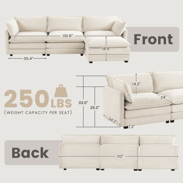Oversized Modular Sectional Sofa with Movable Ottoman, 112 Inch 4 Seat Modern Corduroy Sofa Set, Convertible L Shaped Couch for Living Room and Office, Beige - Image 2