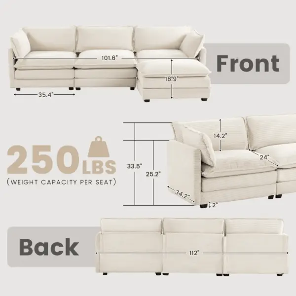 Oversized Modular Sectional Sofa with Movable Ottoman, 112 Inch 4 Seat Modern Corduroy Sofa Set, Convertible L Shaped Couch for Living Room and Office, Beige - Image 2