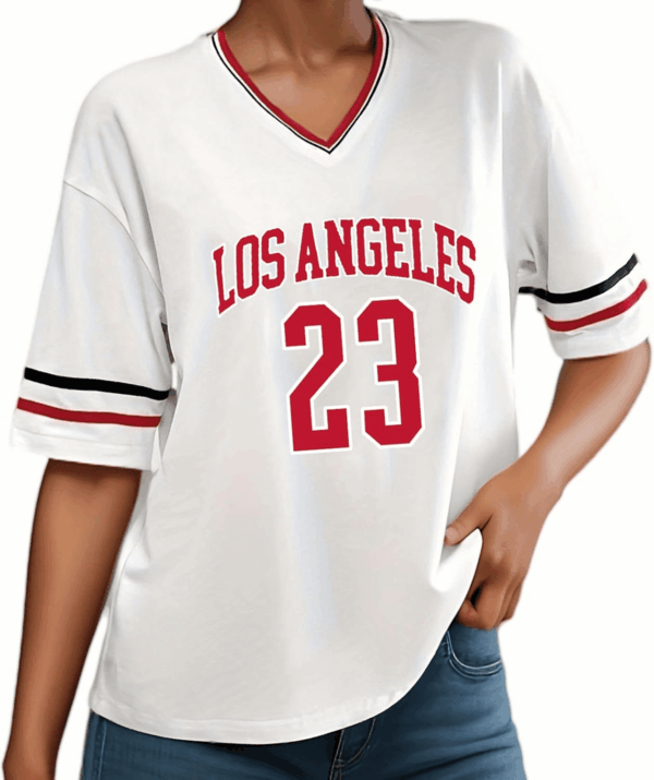 American Jersey for Women Oversized Graphic Stripe Trim V Neck Drop Shoulder Summer Tshirts - Image 2