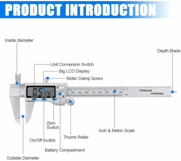 Digital Caliper Measuring Tool, Stainless Steel Vernier Caliper Digital Micrometer with Large LCD Screen, Easy Switch from Inch Metric Fraction, 6 Inch Caliper Tool for Diy/Household - Image 7