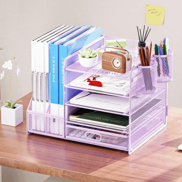 Desk Organizer with File Holder, 5-Tier Paper Letter Tray Organizer with Drawer and 2 Pen Holder, Mesh Desktop Organizer and Storage with Magazine Holder for Office Supplies(Purple) - Image 3