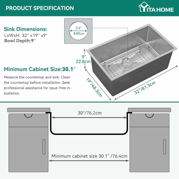 Kitchen Undermount Sink 32In 304 Stainless Steel Single Bowl Silver Sink with Bottom Grid Assembly, for Workstation, Prep Kitchen, Bar 32 X 19 X 10In - Image 2