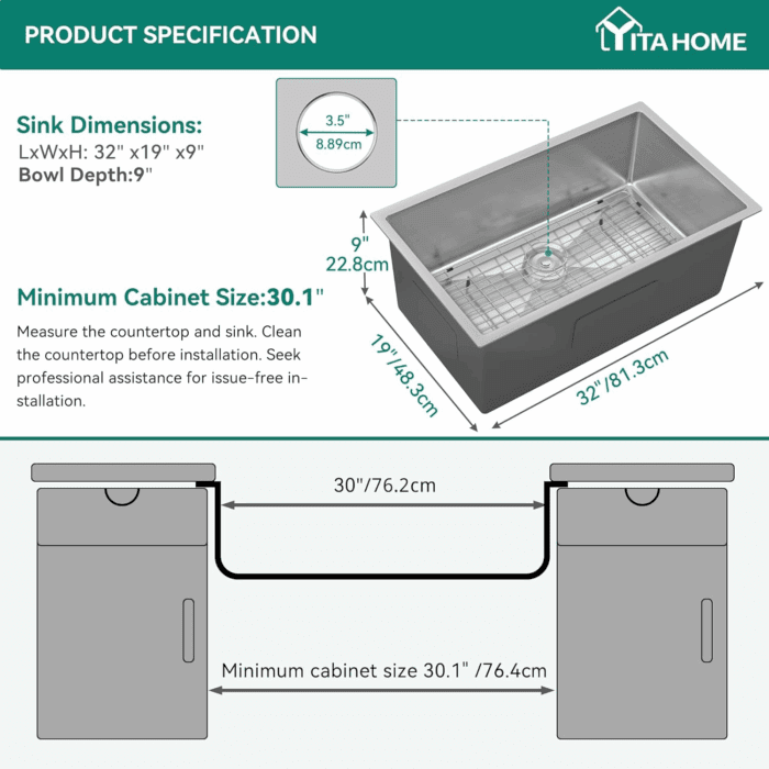Kitchen Undermount Sink 32In 304 Stainless Steel Single Bowl Silver Sink with Bottom Grid Assembly, for Workstation, Prep Kitchen, Bar 32 X 19 X 10In - Image 2