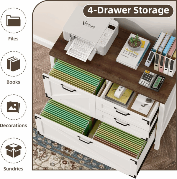 Wood Lateral File Cabinet with 4-Drawer for Hanging Files Letter/A4/Legal Size, Large Farmhouse Filing Cabinets for Home Office, Printer Stand with Office Cabinet, Office Furniture, White and Brown - Image 6
