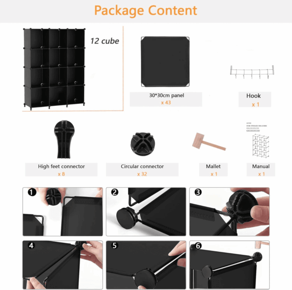 Cube Storage Organizer Closet Storage Shelves DIY Stackable Plastic Storage 12 Cube Bookshelf, Ideal Storage Organizer for Closet, Home, Bedroom, Black - Image 9