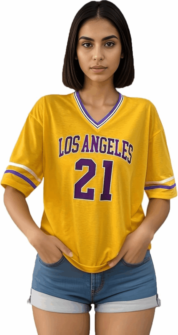 American Jersey for Women Oversized Graphic Stripe Trim V Neck Drop Shoulder Summer Tshirts - Image 5