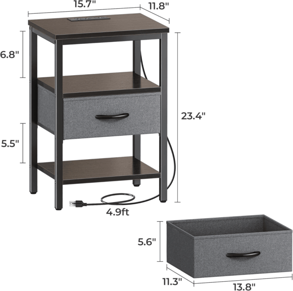 Nightstand with Charging Station, Bed Side Table with Adjustable Fabric Drawer, Night Stand for Bedroom, 3-Tier Storage End Table, for Living Room - Walnut - Image 3