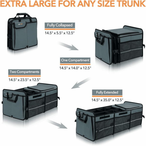 Large Trunk Organizer with Built-In Leakproof Cooler Bag, 2 Tie-Down Straps, 4 Removable Dividers, Foldable Cover, Built with 2Mm PE Board, Gray - Image 4