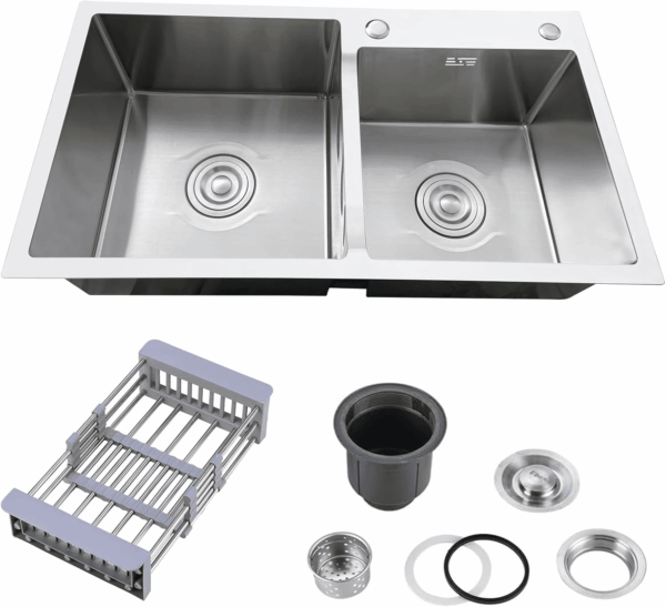 30.7X16.9 Inch Double Bowl Kitchen Sink with 18 Gauge, Topmount/Drop in Stainless Steel Kitchen Sink with Accessories (Silver)