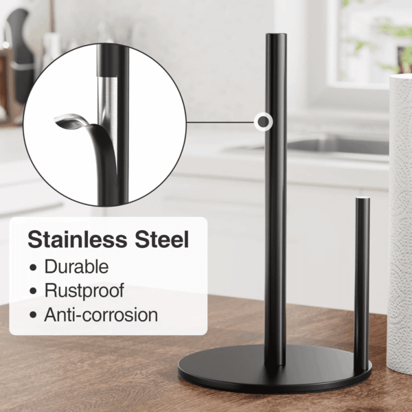 Paper Towel Holder Black Kitchen Roll Holder, Premium Stainless Steel Paper Towel Holder for Kitchen Roll Organize, Countertop Roll Dispenser with Weighted Base - Image 3