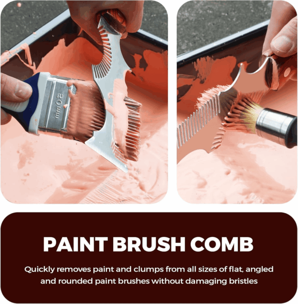 8-In-1 Painters Tool - Paint Brush Comb, Paint Roller Cleaner, Stainless Steel Scraper, Putty Knife, Paint Can Opener, Wooden Handle - Image 3