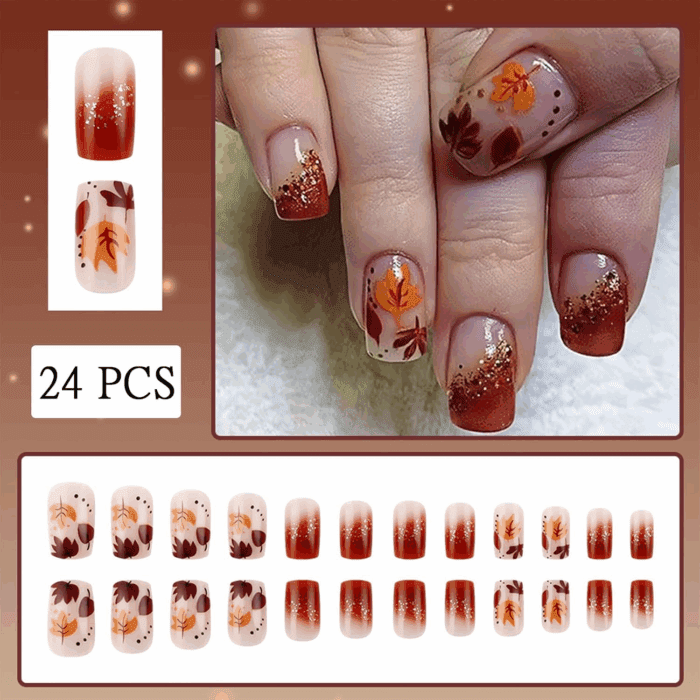 24 Pcs Fall Maple Leaf Press on Nails Short Square Reddish Brown Glitter Fake Nails Full Cover Brow French Tip False Nails Autumn Maple Leaf Artificial Nails for Women DIY Autumn Manicure Decorations - Image 2