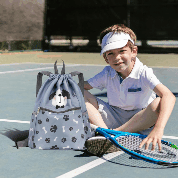 Children Boy Girl Dog Print Drawstring Backpack Outdoor Casaul Portable Shoulder Bag Swim Gymsack Sack Pack Grey - Image 2