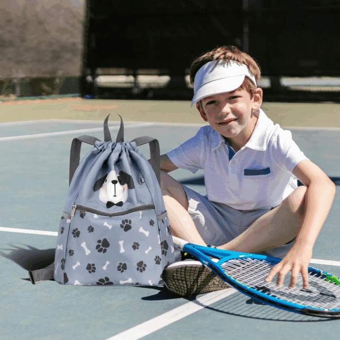 Children Boy Girl Dog Print Drawstring Backpack Outdoor Casaul Portable Shoulder Bag Swim Gymsack Sack Pack Grey - Image 2