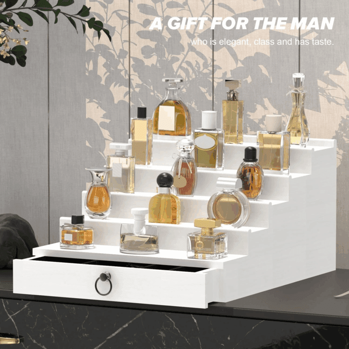 Cologne Organizer for Men, 5 Tier White Cologne Shelf, Perfume Stand with Drawer and Hidden Compartment Perfume Display Holder - a Gift for Men - Image 6