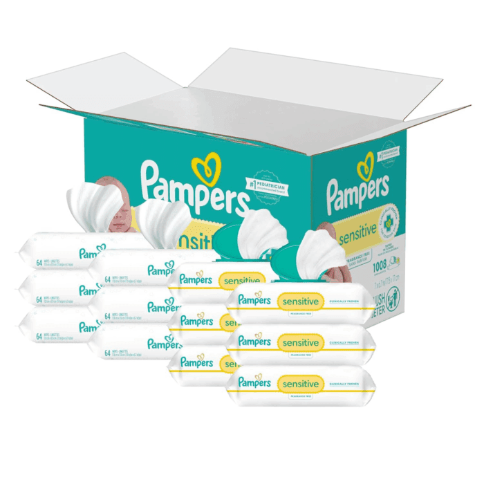 Sensitive Baby Wipes, Water Based, Hypoallergenic and Unscented, 8 Flip-Top Packs, 4 Refill Packs (1008 Wipes Total)