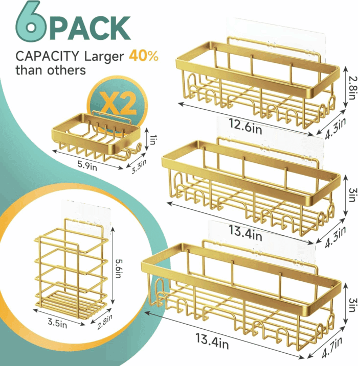 Adhesive Shower Caddy 6-Pack,Gifts for Women Mom,Heavy Weight Bearing,Large Wall Mounted Bathroom Shelves Rack,Organizer Storage Accessories with Soap Dish&Toothbrush Holder,Bright Gold - Image 5