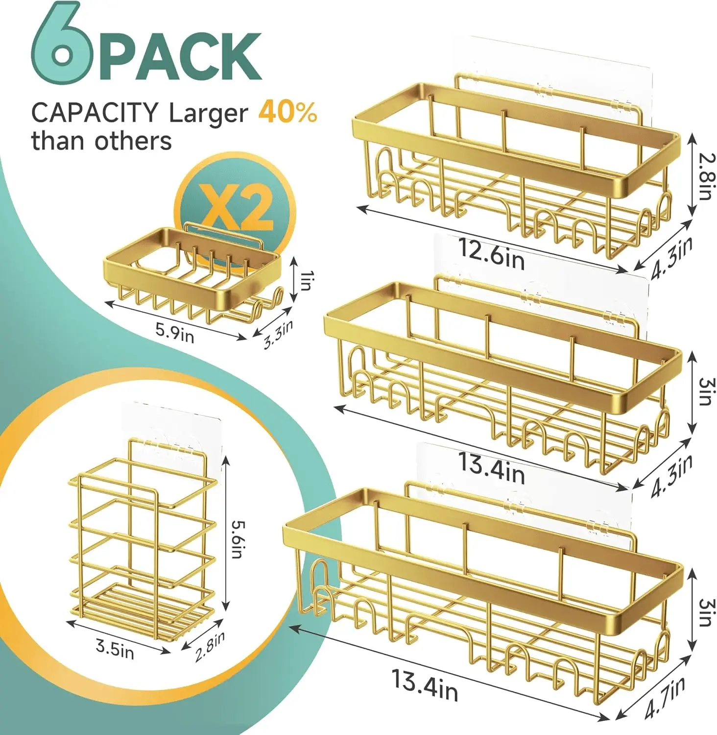 Adhesive Shower Caddy 6-Pack,Gifts for Women Mom,Heavy Weight Bearing,Large Wall Mounted Bathroom Shelves Rack,Organizer Storage Accessories with Soap Dish&Toothbrush Holder,Bright Gold - Image 5