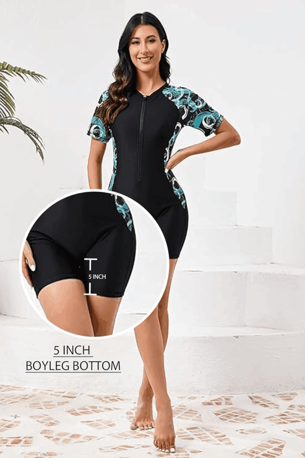 Women'S Boyleg One Piece Rash Guard with Built in Bra UPF50+ Zip Long Sleeve Full Body Modest Swimsuit - Image 4