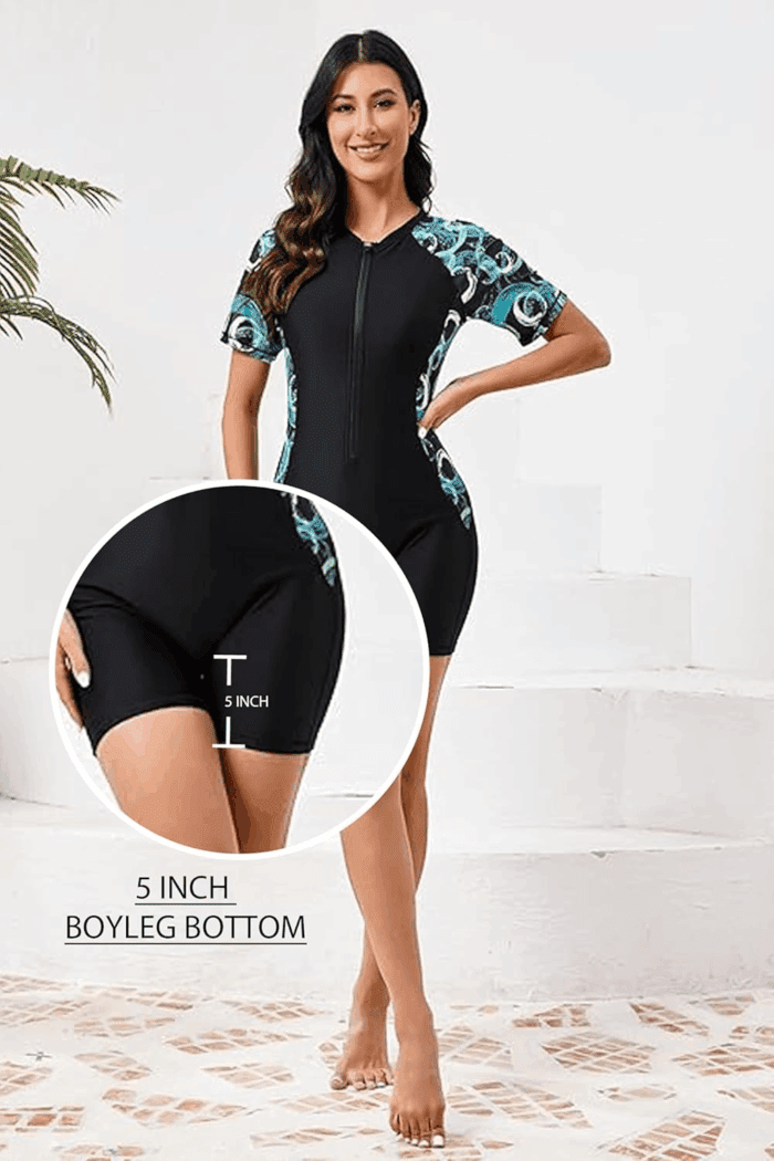 Women'S Boyleg One Piece Rash Guard with Built in Bra UPF50+ Zip Long Sleeve Full Body Modest Swimsuit - Image 4