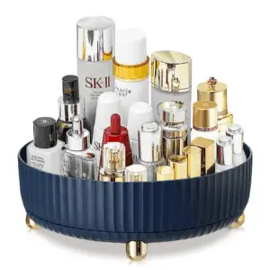 Makeup Perfume Organizer, 360 Degree Rotating Skincare Organizer Large Capacity Cosmetic Desk Spinning Storage Lotions Display Cases for Dresser, Blue