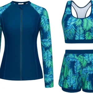 Women'S 3 Piece Rash Guard Long Sleeve Swimsuits with Boyshorts Zip up UPF 50+ Swim Shirt Built in Bra