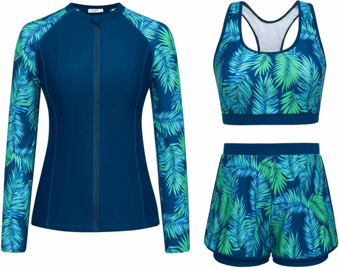 Women'S 3 Piece Rash Guard Long Sleeve Swimsuits with Boyshorts Zip up UPF 50+ Swim Shirt Built in Bra