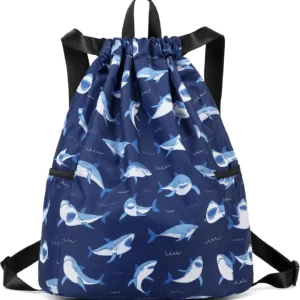 Children Boy Girl Ocean Shark Print Drawstring Backpack Outdoor Casaul Portable Shoulder Bag Swim Gymsack Sack Pack Dark Blue