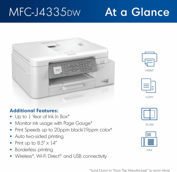 MFC-J4335DW Inkvestment Tank All-In-One Printer with Duplex and Wireless Printing plus up to 1-Year of Ink In-Box, Works with Alexa - Image 2