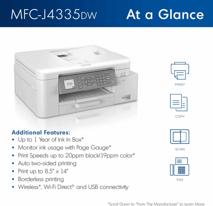 MFC-J4335DW Inkvestment Tank All-In-One Printer with Duplex and Wireless Printing plus up to 1-Year of Ink In-Box, Works with Alexa - Image 2