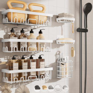 6-Pack Rustproof Waterproof Shower Caddy, Adhesive Shelves Rack with Soap Holder, Large Bathroom & Washroom Organizer, No Drilling Wall-Mounted Kitchen & Home Decor, Ideal for Bathtub Storage