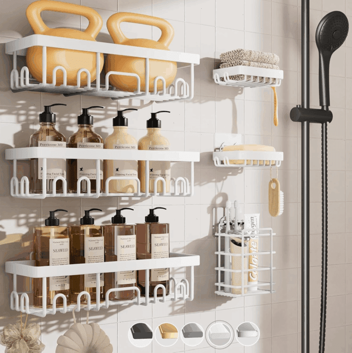 6-Pack Rustproof Waterproof Shower Caddy, Adhesive Shelves Rack with Soap Holder, Large Bathroom & Washroom Organizer, No Drilling Wall-Mounted Kitchen & Home Decor, Ideal for Bathtub Storage