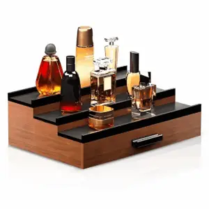 Wooden Cologne Organizer for Men 3 Tier Perfume Organizer Display Shelf with Drawer Cologne Display and Storage Display Risers Great Gift for Man Walnut Black