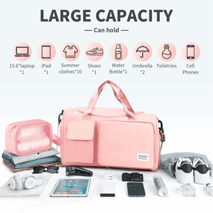Travel Duffel Bag for Women, Foldable Weekender Overnight Bag with Shoe Compartment, Waterproof Shoulder Sports Tote Gym Bag with Toiletry Bag for Travel, Hospital Holdalls, Pink - Image 2