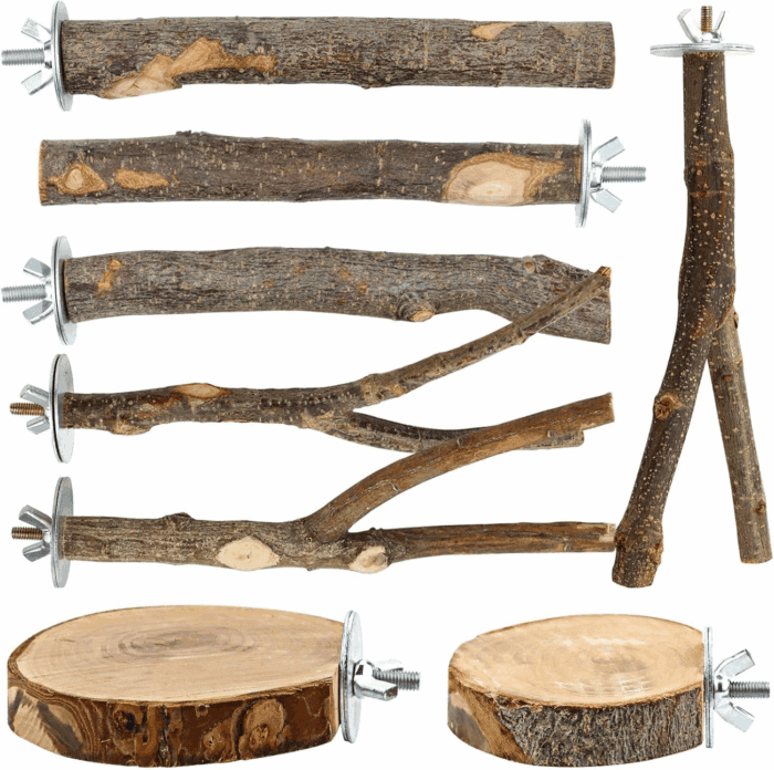 8PCS Natural Wood Bird Perches for Cage, Wooden Parrot Perch Stand, Bird Cage Accessories - Hanging Multi-Branch Perch & Platformas, Bird Toys for Parakeets, Cockatiel, Conure, Budgie, Macaw