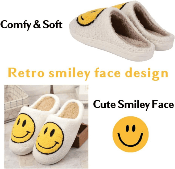 Smile Face Slippers for Women - Indoor Outdoor Retro Happy House Slides, Soft Fluffy Cushion Furry Shoes - Image 5