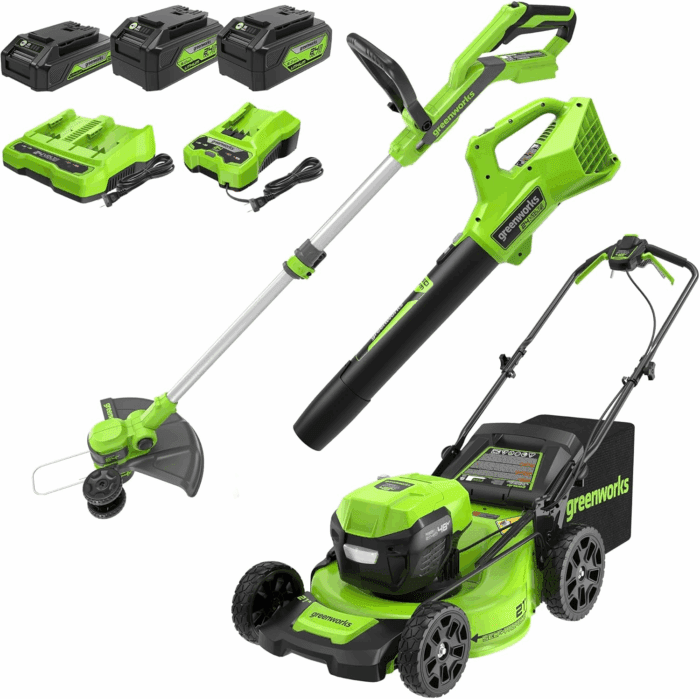 Cordless Mower Combo Kit - 48V (2X24V) 21" Self-Propelled Mower, 24V 320 CFM Blower, 24V 12" String Trimmer/Edger - Batteries & Chargers Included | 3-In-1 Yard Tool Bundle