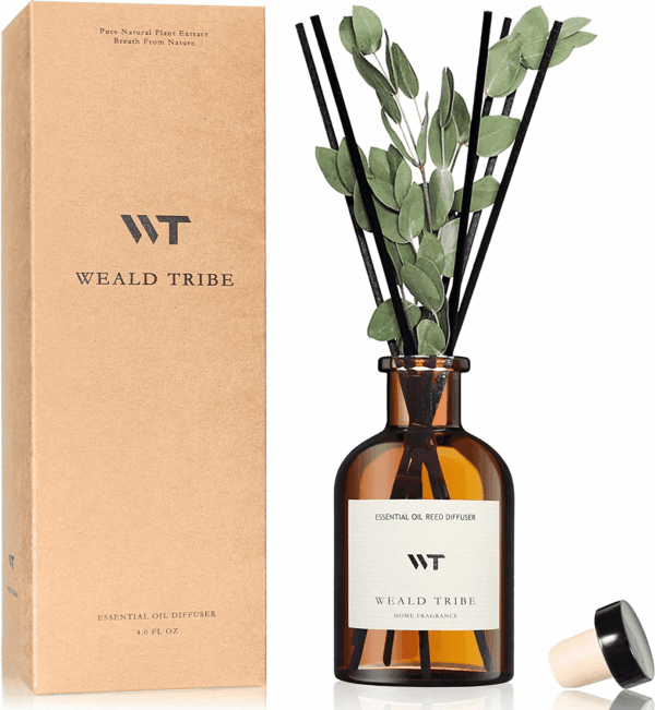 Flower Reed Diffuser Set Eucalyptus & Lavender Scent for Bathroom Accessories Shelf Decor & Air Fresheners, Sticks Defusers with 4.0 Fl Oz Essential Oils, House Bedroom Office Decor & Gift