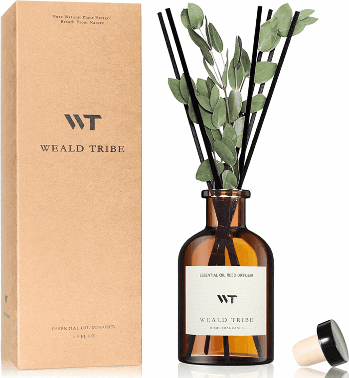 Flower Reed Diffuser Set Eucalyptus & Lavender Scent for Bathroom Accessories Shelf Decor & Air Fresheners, Sticks Defusers with 4.0 Fl Oz Essential Oils, House Bedroom Office Decor & Gift