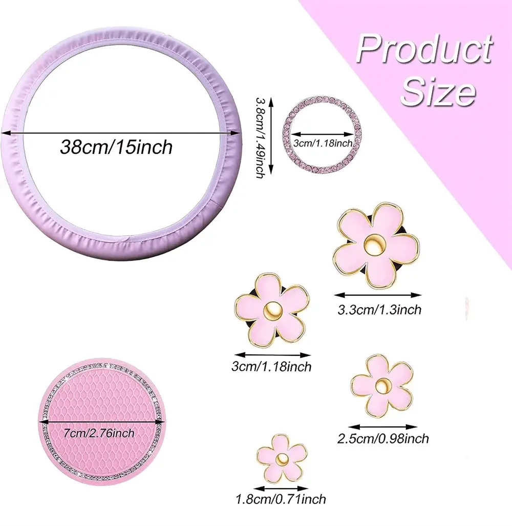 10 Pcs Car Accessories Set,Leather Steering Wheel Cover for Women Cute Car Accessories Set with Seat Belt Shoulder Pads Cup Holders for Women Girl Car Interior Pink Suit - Image 7