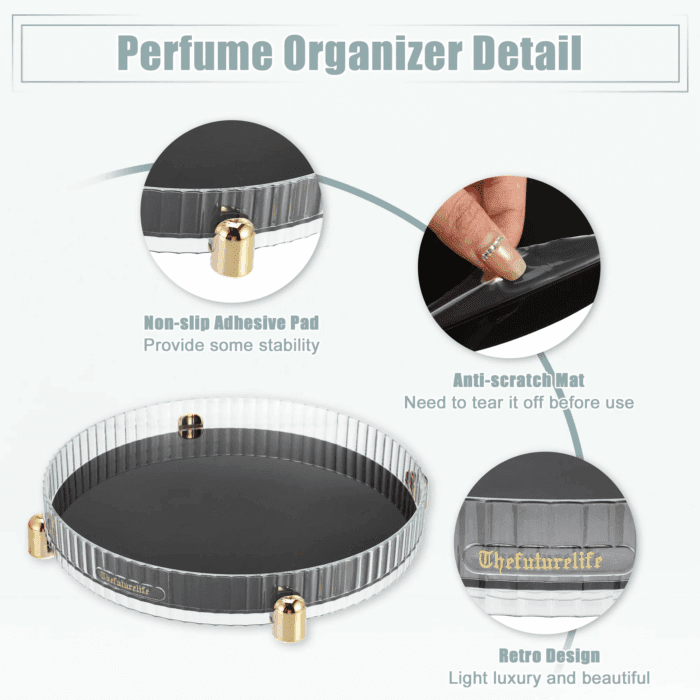 Makeup Perfumes Organizer 360 Degree Rotating round Storage Tray Gray - Image 5