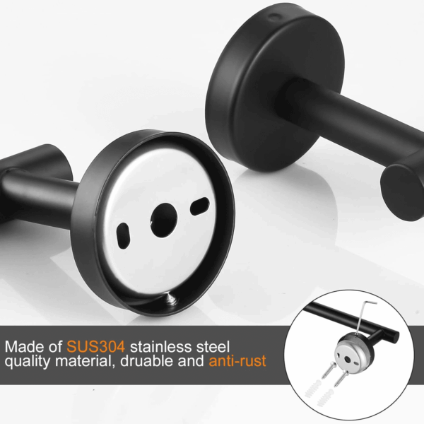 Bathroom Hardware Set Black 10 Pieces, Towel Bar Set Matte Black Stainless Steel Towel Rack Set Includes 2PCS 16'' Towel Bar, 4PCS Towel Hooks, 2PCS Toilet Paper Holder and 2PCS Towel Ring - Image 3