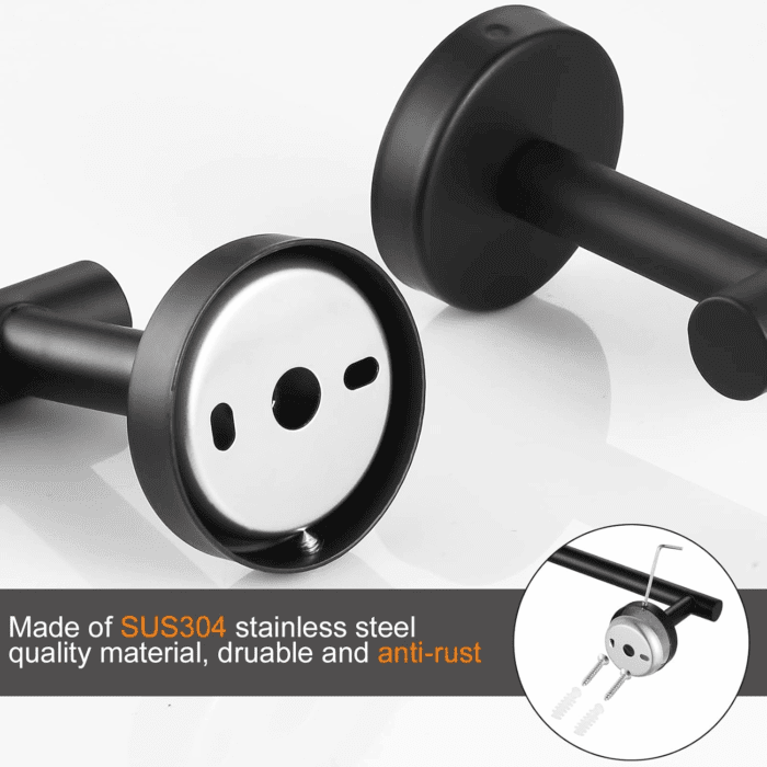 Bathroom Hardware Set Black 10 Pieces, Towel Bar Set Matte Black Stainless Steel Towel Rack Set Includes 2PCS 16'' Towel Bar, 4PCS Towel Hooks, 2PCS Toilet Paper Holder and 2PCS Towel Ring - Image 3