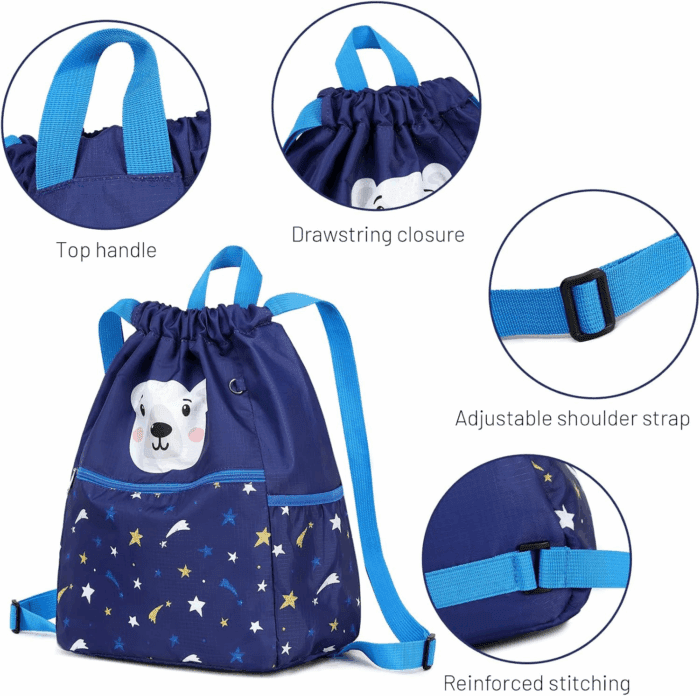 Children Boy Girl Dog Print Drawstring Backpack Outdoor Casaul Portable Shoulder Bag Swim Gymsack Sack Pack Grey - Image 5