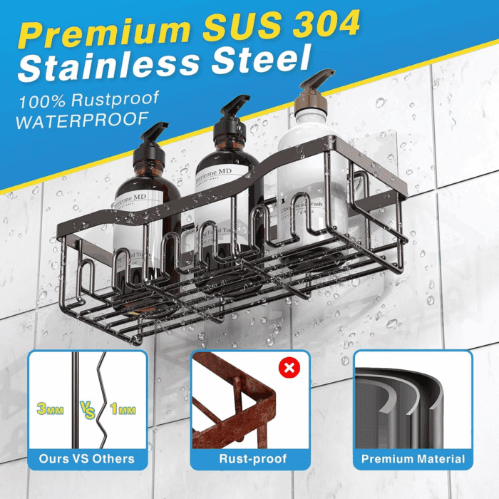 5-Pack Rustproof Stainless Steel Shower Caddy – No Drill Adhesive Bathroom Organizer with Large Capacity, Spacious Shower Shelves for inside Shower, Kitchen & Home Decor Storage - Image 5
