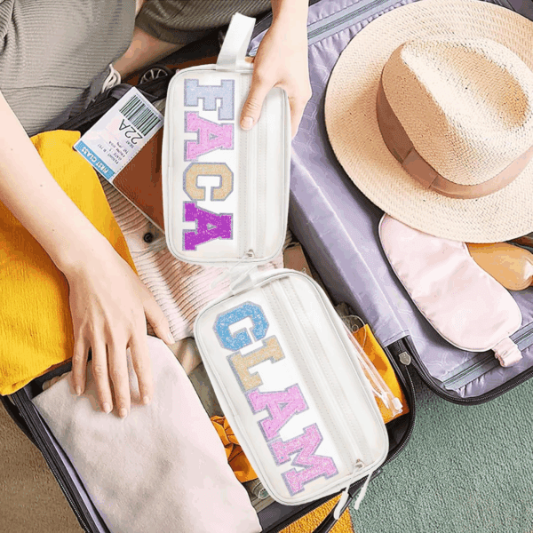 Clear Preppy Patch Makeup Bag Cosmetic Pouch with Glitter Bling Letters for Women Teen Girls Sister, Make up Travel Stuff Organizer Cute Stylish Trendy Gifts Sparkling Skincare Purse (GLAM) - Image 6